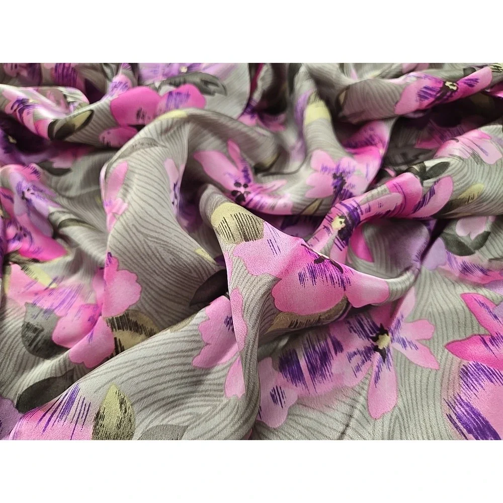 Silk Chiffon Scarf Floral Rolled Green Lavender Pink‎ 39